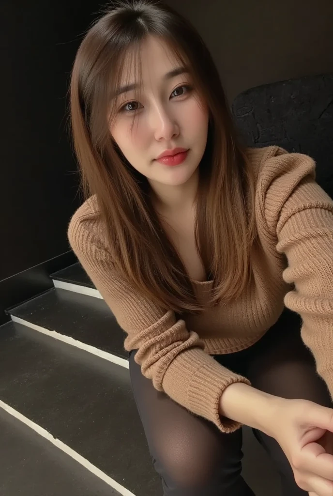 20's Korean Girl, Masterpiece Detail 4K, Deep Focus, Clear Focus on Facial Details, Light Hitting Skin Makes Skin Highlight (Natural Light, Good Light, Afternoon Light), Natural Breasts, Brown Sweater, Sitting in a Sexy Magazine Style Pose, Hugging Knees, Full Body, Black Walled Room.