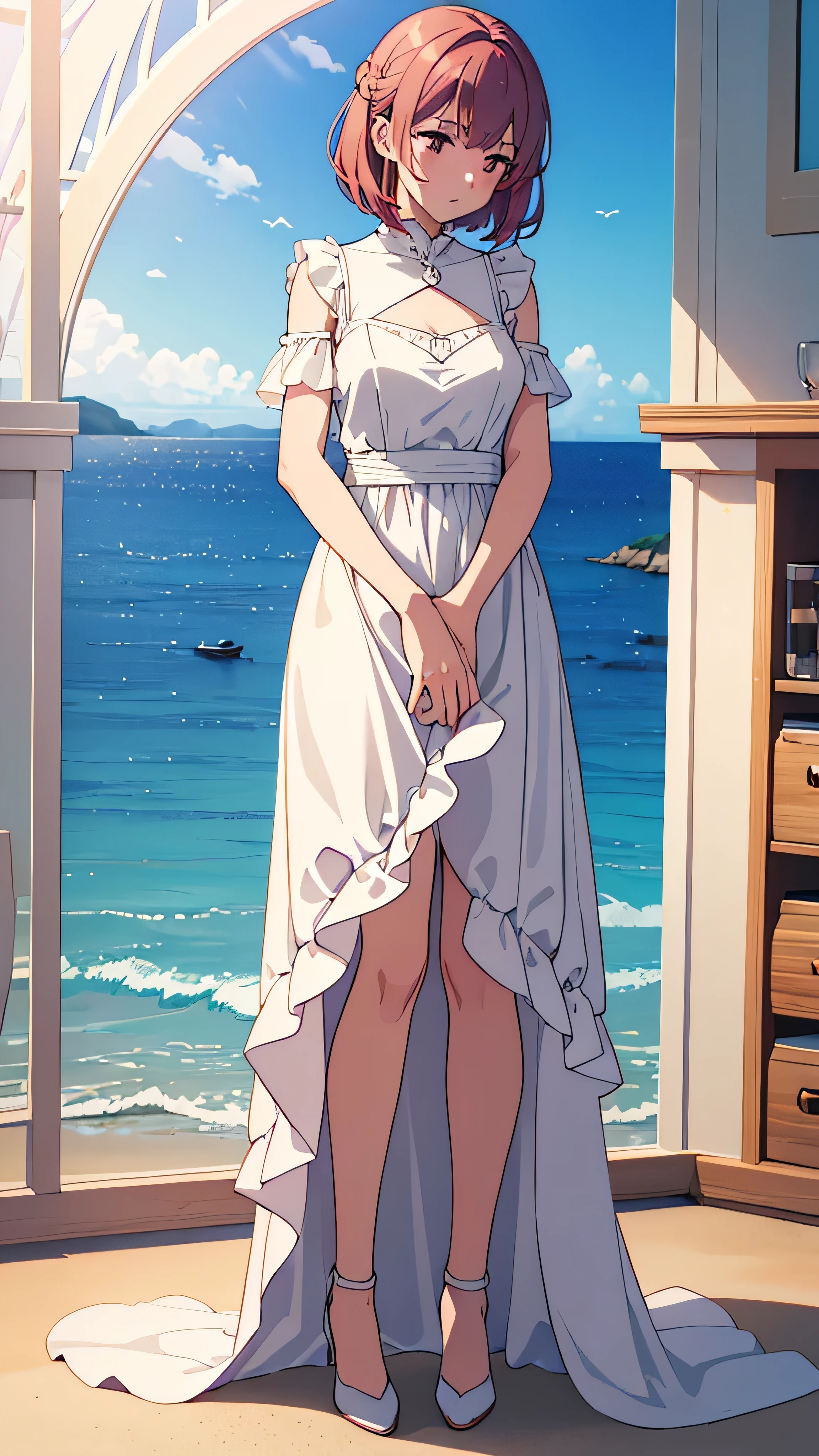 ( very detailed and high quality illustration ),(Best lighting and shadow effects,  super real ),  Beach ,  young girl with short light maroon hair in white satin dress, Gazing thoughtfully at the sea,白いサテンのドレスで、 full body high quality image 