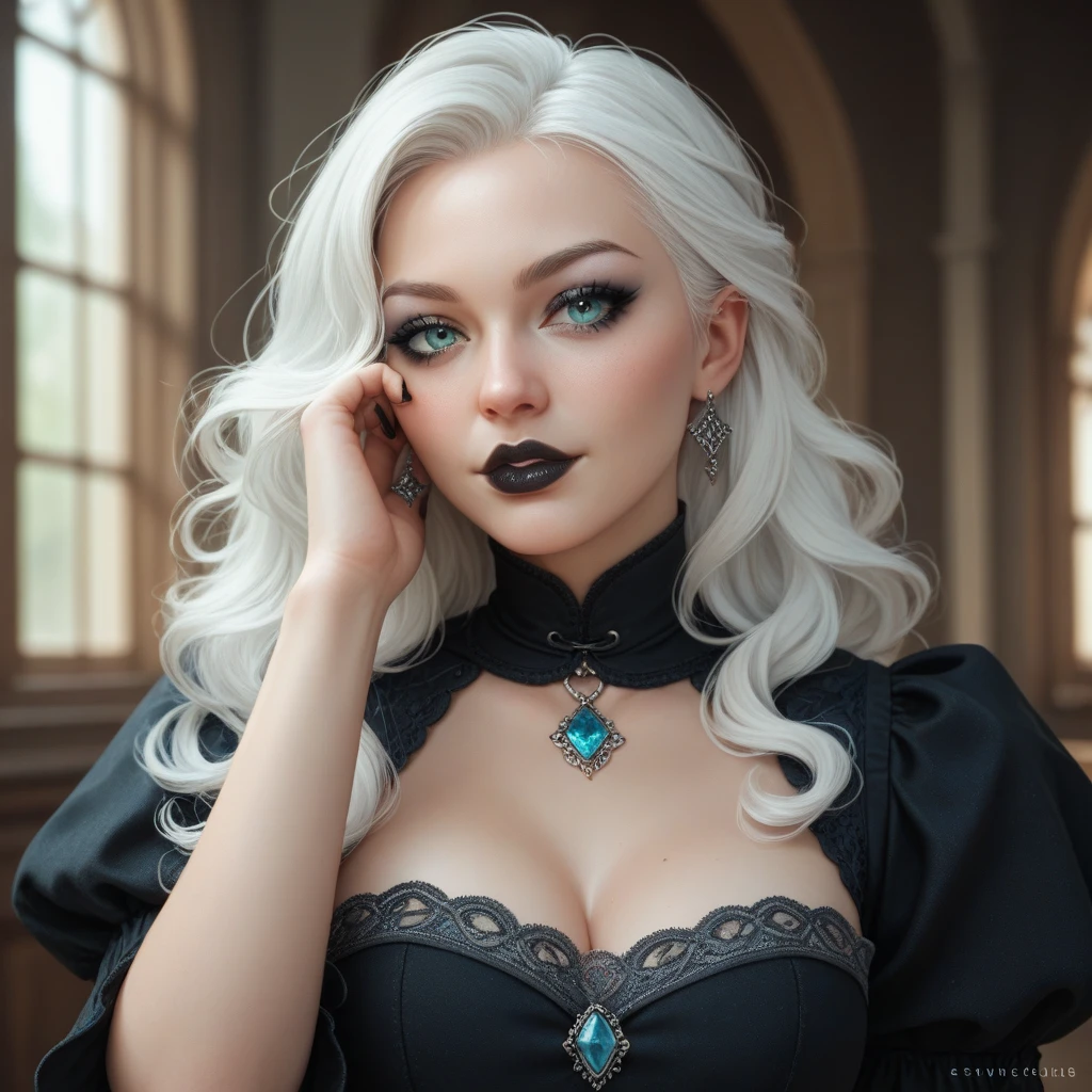 Generate an image of 22-year-old woman
with a gothic style
shoulder length wavy white hair short
dark long medieval dress
black rings
black pointed nails
cyan eyes
all body, white hair with cyane tips
black lipstick
black eye makeup
long legs