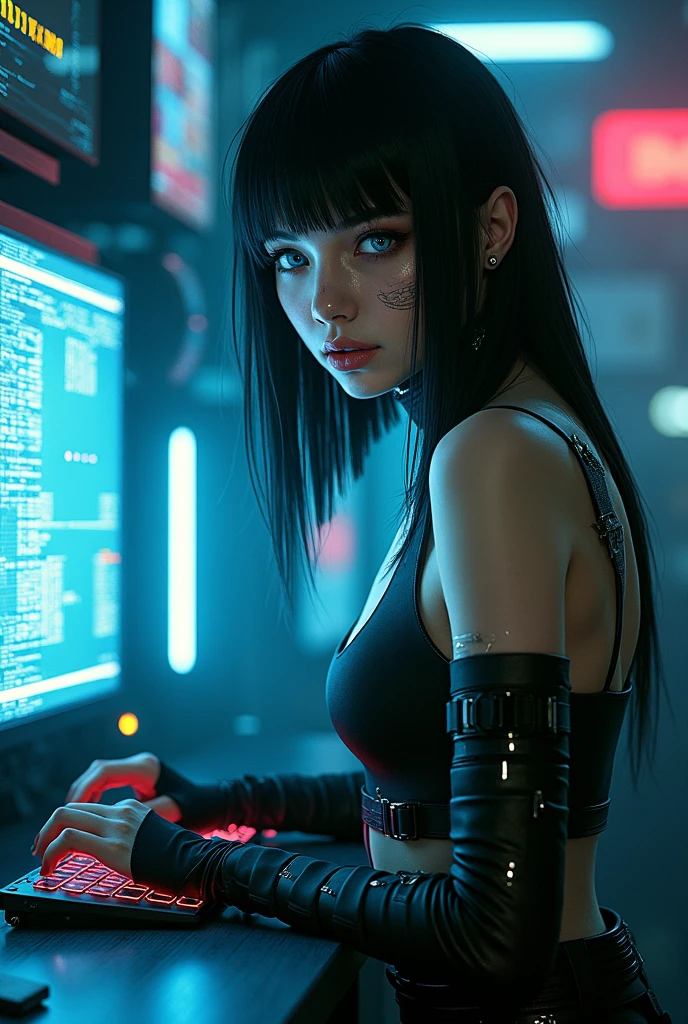 ((Best quality)), ((masterpiece)), (highly detailed:1.3), 3D, beautiful (cyberpunk:1.3) hacker woman with afro curly Black hair, big green eyes, naked puffy medium size breast, slim figure, operating a computer terminal