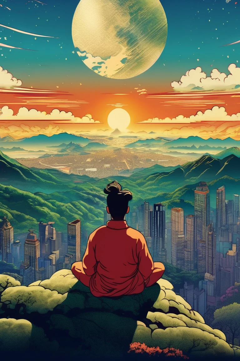   a poster of a man with his back sitting on his back on the top of a mountain meditating in natural, And in the background a distant city with some tall and faint . beautiful  movie poster ,  Key art of the film ,  movie poster without text ,  movie poster ,  movie poster , movie poster style ,  film grain,  concept art of the film , ,  cinematic wallpaper 4k ,  cinematic wallpaper 4k , filmic,  cinematic atmosphere , , film records, vibrant colors,  inspired by graphic novel ,  Detailed comic art ,, in the style of Japanese woodcuts mixed with realism realism ,  luminous and dreamlike scenes 