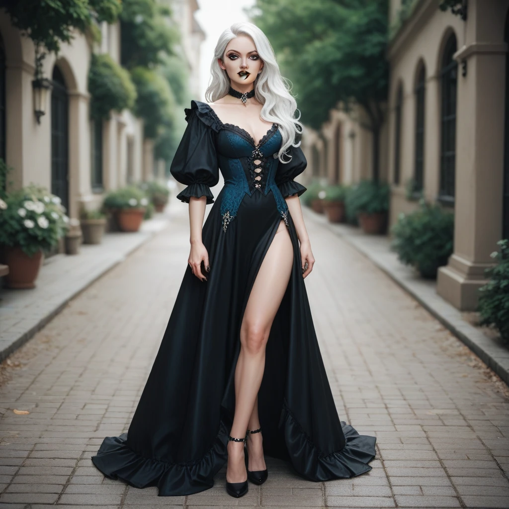 Generate an image of 22-year-old woman
with a gothic style
shoulder length wavy white hair short
dark long medieval dress
black rings
black pointed nails
cyan eyes
all body, white hair with cyane tips
black lipstick
black eye makeup
long legs