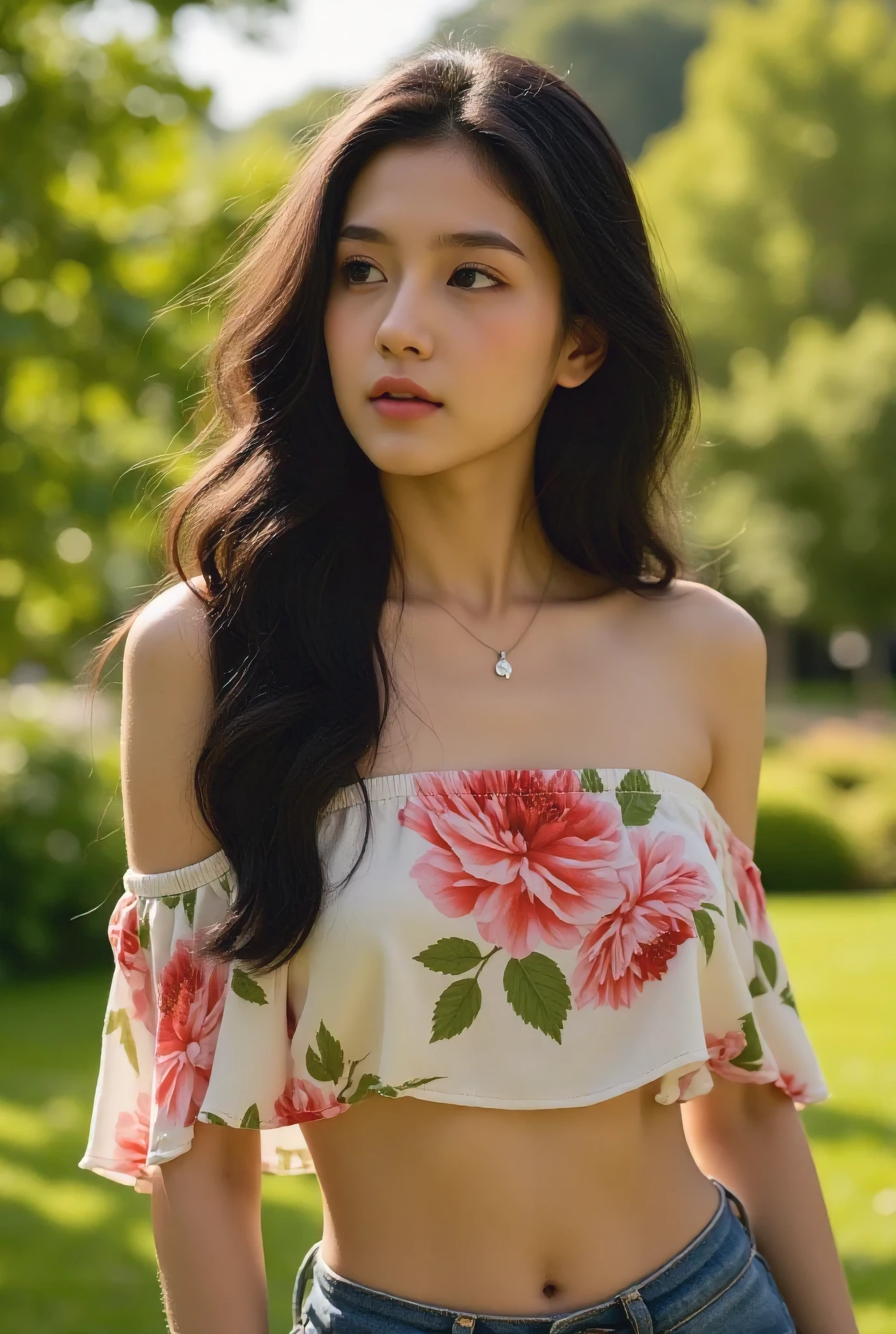 [Subject]: A young woman with long, flowing dark hair standing in a lush green garden during daytime.
[Details]: She is wearing a floral off-shoulder crop top with vibrant red and pink flowers, accompanied by green leaves on a cream-colored fabric. Her skin is glowing under the soft sunlight, and her expression is serene as she gazes to the side. A delicate silver necklace with a small pendant adorns her neck. Her hair cascades naturally over her shoulders, softly tousled by the breeze.
[Environment / Background]: A garden setting with lush green foliage and trees. Sunlight filters through the leaves, casting soft shadows and highlights on her face and upper body. The background is slightly blurred, with a bokeh effect to emphasize the subject.
[Lighting]: Soft and natural, with warm highlights that enhance her features and the colors of the floral top.
[Style]: Photorealistic, highly detailed, and vibrant. Emphasis on natural beauty, soft textures, and sharp contrast between the subject and the greenery.
[Mood / Atmosphere]: Peaceful, refreshing, and intimate, evoking the feeling of a warm summer day.
[Camera Angle]: Medium close-up shot, slightly low angle capturing her upper body and face.
[Quality & Resolution]: Ultra-high definition (UHD), 8K resolution, with crisp details and vivid colors.
[Other Specifics]: Attention to realistic skin texture, natural hair flow, and intricate floral patterns on the top.

