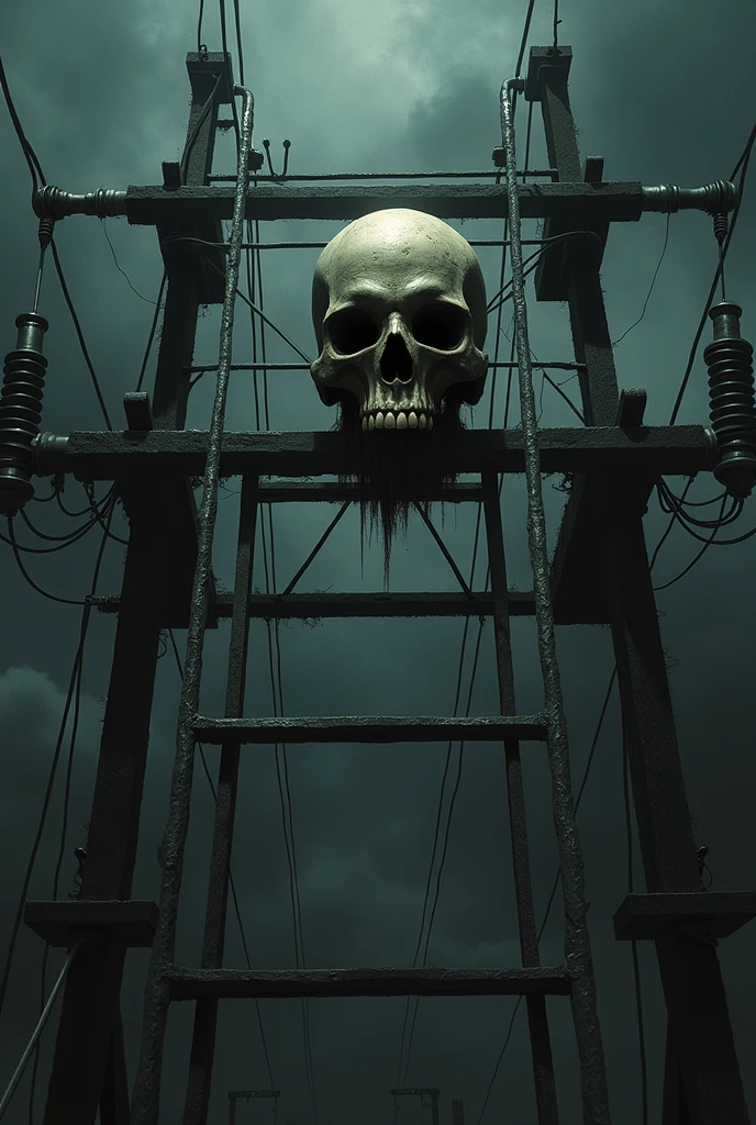 A construction crane seen from below from a low angle, with an absolutely giant human skull hanging on the crane arm