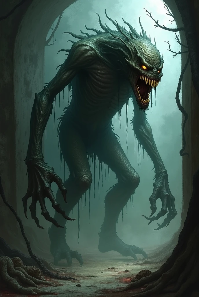 Disgusting skeletal deformed hairy chimera with long pointy tail with only one leg with goat hooves no eyes and with long horns, half dark academia, Estilo da DC Comics, Estilo da DC Comics
