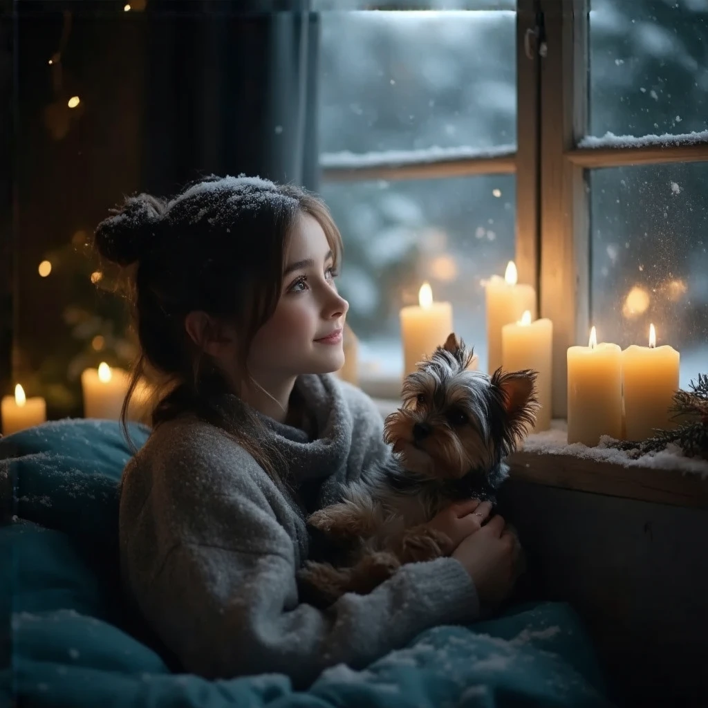 side view portrait of a young teen girl besides window, looking upwards at snow falling outside, snowy winter night, with a lovely Yorkie puppy in her arm, hope for a new start, in background of candle-lighted dark bedroom, photorealisic 8k