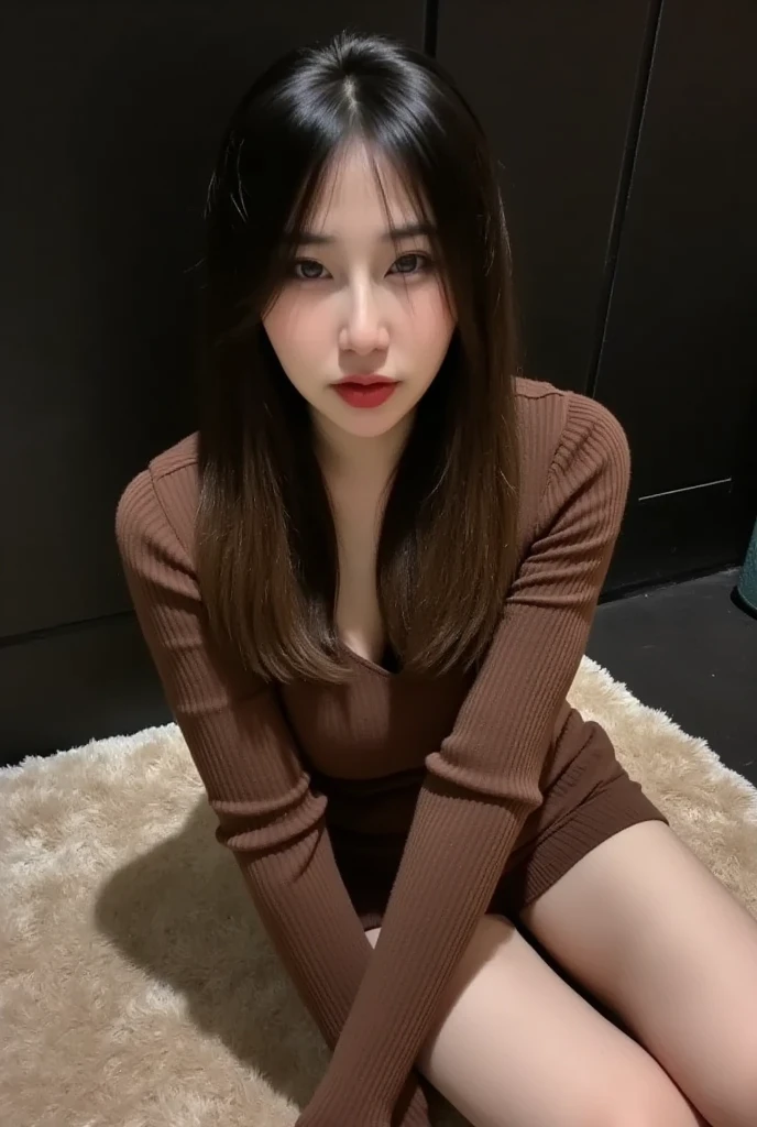 20's Korean Girl, Masterpiece Detail 4K, Deep Focus, Clear Focus on Facial Details, Light Hitting Skin Makes Skin Highlight (Natural Light, Good Light, Afternoon Light), Natural Breasts, Brown Sweater, Sitting on Carpet in Magazine Style Sexy Posing, Knees Hugging, Full Body, Room with Black Walls.