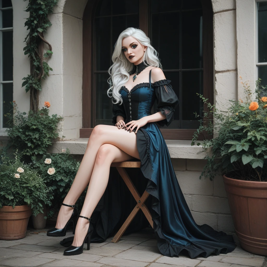 Generate an image of 22-year-old woman
with a gothic style
shoulder length wavy white hair short
dark long medieval dress
black rings
black pointed nails
cyan eyes
all body, white hair with cyane tips
black lipstick
black eye makeup
long legs