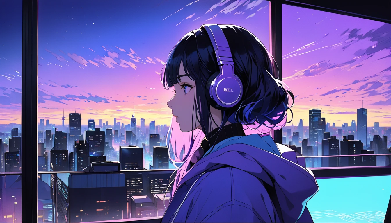 profile. upper body shot. hoodie. . listening to music with headphones, Her eyelashes are thick and long , she is on the left side of the screen 、 The right side of the screen is the evening sky 、The sky that changes from purple to blue 、Cityscape、