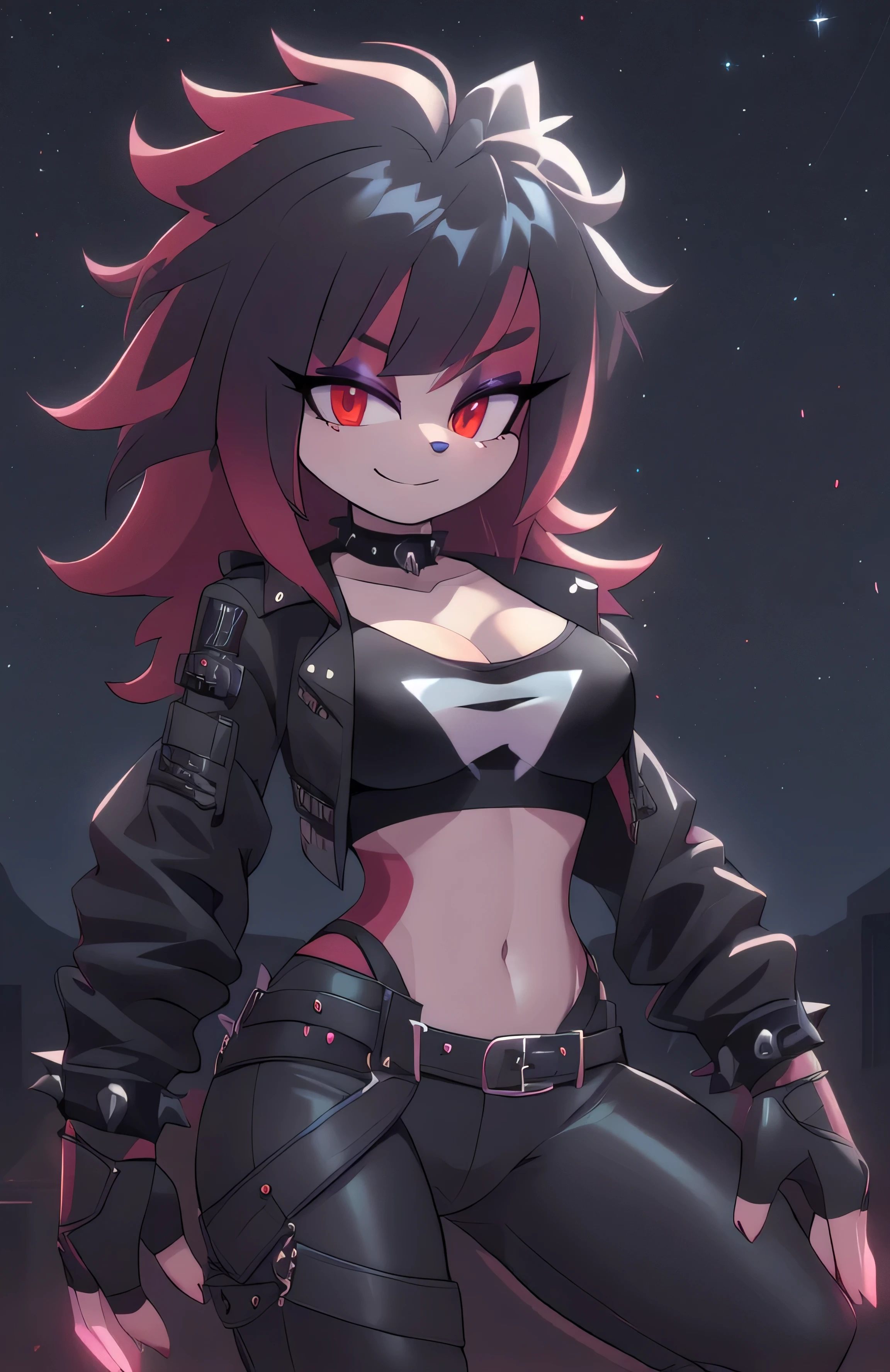 ((masterpiece)) ((UHD)) 4K, High detailed, ((detailed shadowing)) Female anthropomorphic hedgehog, mobian, black fur, furry, Anime style art, Studio Quality, Atractive, gorgeous body, portrait, Best Quality, High resolution, breasts, midriff, multicolored hair black messy long Punk Hair with crimson highlights, long bangs, red eyes, purple eyeshadow, open black leather jacket with magenta lining, black cropped undershirt, belt, spike bracelets, black fingerless gloves, black choker, earrings, black leather pants with magenta stripes, black and crimson punk boots, smug, tactical straps, holster, Looking at viewer, finger gun, ((nighttime)) ((starry sky)) ((ambient lighting)) (cinematic lighting)) helicopter pad