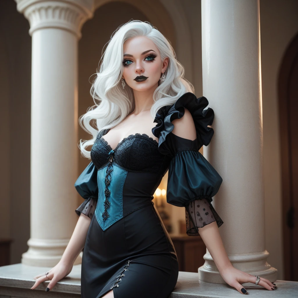 Generate an image of 22-year-old woman
with a gothic style
shoulder length wavy white hair short
dark long medieval dress
black rings
black pointed nails
cyan eyes
all body, white hair with cyane tips
black lipstick
black eye makeup
long legs