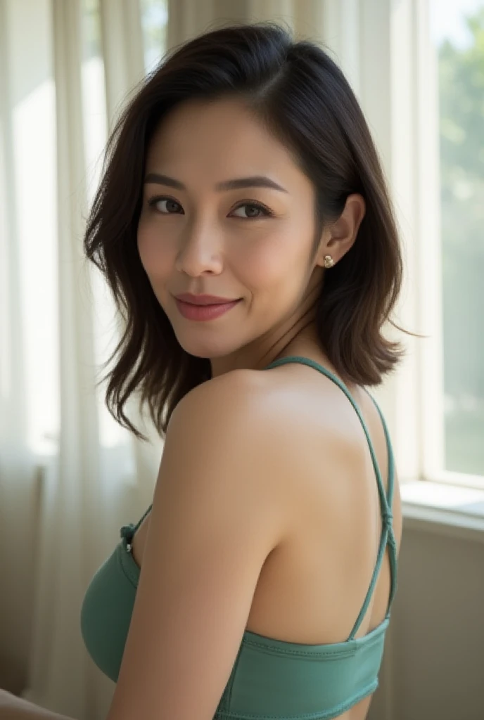 Mature Woman,  Japanese, 48 years old (Mature Beauty: 1.5),  gentle and seductive smile ,( fine lines of laughter :1.4),
Natural Aging 、A warm look, (wavy hair:1.3),
 Soft, Natural Wrinkles 、 in the company reception room (1.4),
 sharp focus ,  high res,  super detail (1.4),
 unrivaled beauty , (Eye Makeup:1.3), (lipstick:1.2), ( eyeshadow), ( mascara),
 slim and gentle curves ,  elegant and elegant posture ,
Realistic,  realistic  (1.4), masterpiece,  top quality ,  depth of field ,  physically-based rendering,  Fascinating Atmosphere 。　　　　　　　　　　　　　　　　　　　　　　　　　　　　　　　　　　　Color and design:  sporty design in mint green。 back style with crossed straps 。

background: clear々 to let in the morning light 、 soft light through white curtains 。
 pose: Tilt your head lightly 、Smiling graciously。