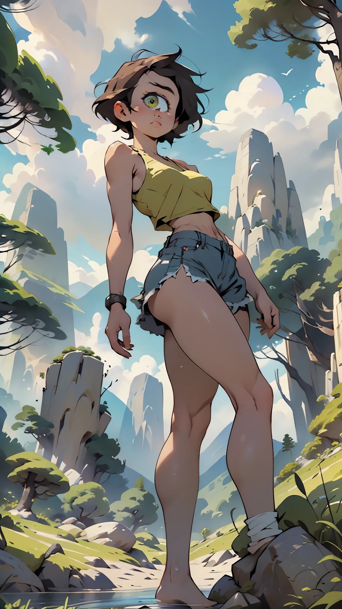 1girl, cute, cyclops, one-eyed, legs apart, knees up, closeup, dynamic pose, short brown hair, fluorescent green eye, barefoot, sunny, bright sky, rainbow, wet body, surprised, puffy clouds, tiny tank top,loincloth

((cyclops giantess)),gts,

GTS-GTS, looking down, sky, blocking the sun, Trampling, destruction,

towering cyclops Giantess, Smoke and clouds roll around her, adding to the sense of epic scale and drama. ((The perspective is from below, emphasizing the sheer majesty and power of the Cyclops Giantess. Giantess, giga size, he is in the middle of a scenery, surrounded by some little mountains and forest, he is much bigger than the surrounding mountains and the mountains is as tall as her leg),aerial view,mega, stomping, annoying