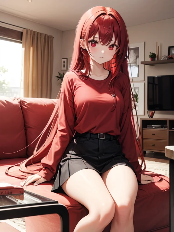 A girl, bright red hair and young red eyes, long hair, wearing a casual cloth, was sitting in the living room near the television, chubby and cheeks, cute, mascular girl, badass