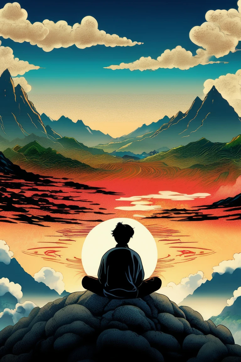   a poster of a man with his back sitting on his back on the top of a mountain meditating in natural, with black hair and a basic, wavy black t-shirt and in the background a distant city with some tall and faint buildings. beautiful  movie poster ,  Key art of the film ,  movie poster without text ,  movie poster ,  movie poster , movie poster style ,  film grain,  concept art of the film , ,  cinematic wallpaper 4k ,  cinematic wallpaper 4k , filmic,  cinematic atmosphere , , film records, vibrant colors,  inspired by graphic novel ,  Detailed comic art ,, in the style of Japanese woodcuts mixed with realism realism ,  luminous and dreamlike scenes 