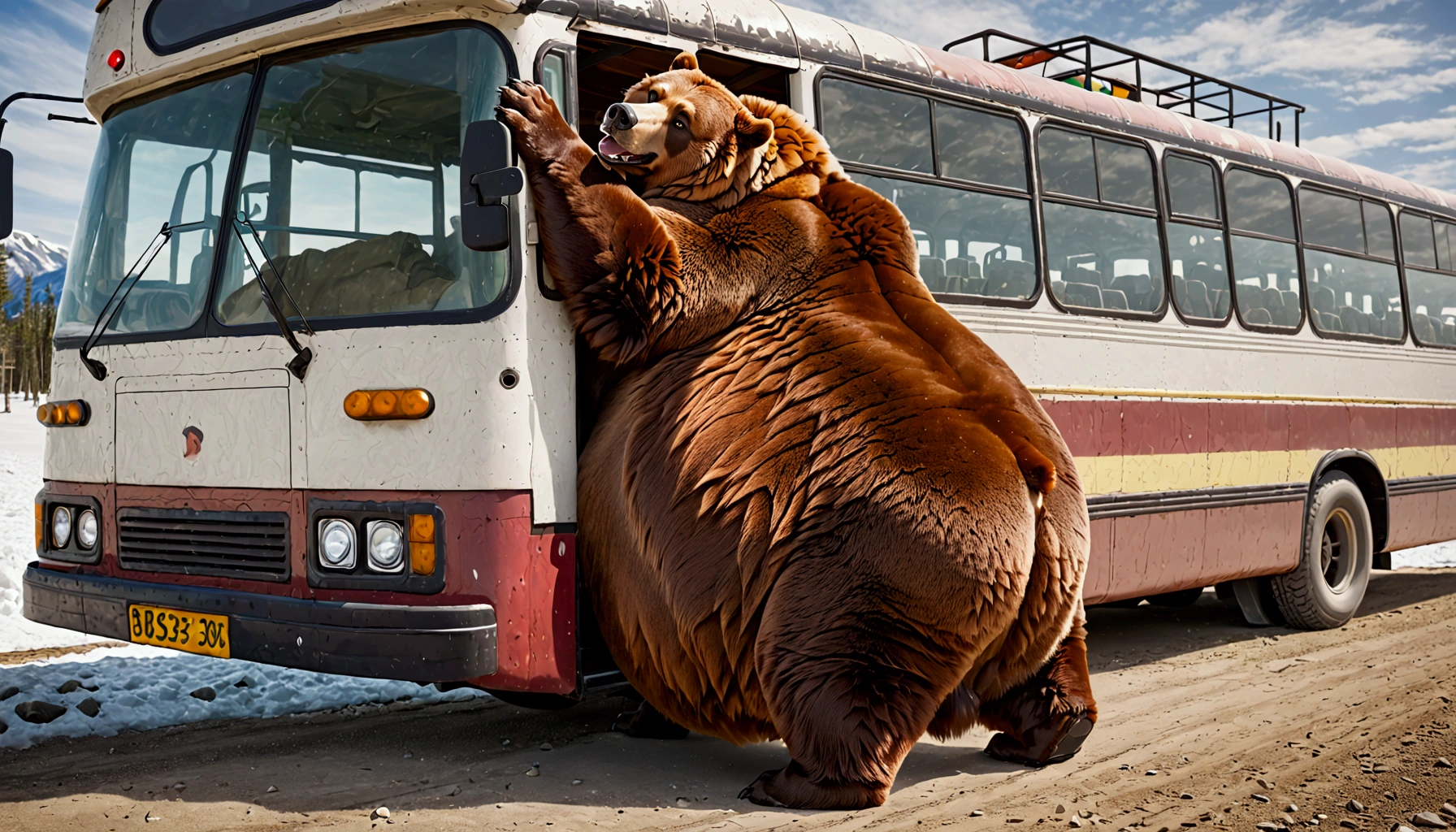 A massive grizzly bear with an unbelievably extremely massive belly, so heavy it drags along the ground, struggles to fit through the narrow doorway of a bus. Its belly presses tightly against the edges of the frame, bulging slightly as it slowly pushes forward, causing the bus to creak under the strain. The bear's fur brushes against the door as it inches through, its sheer size making the task difficult but not impossible, creating a tense yet humorous moment.