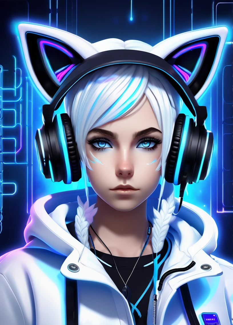 DJ TWIWAVE has short white hair, colorful blue eyes and a focused expression. She wears a black beanie with cat ears, black headphones with white accents and a futuristic white jacket.