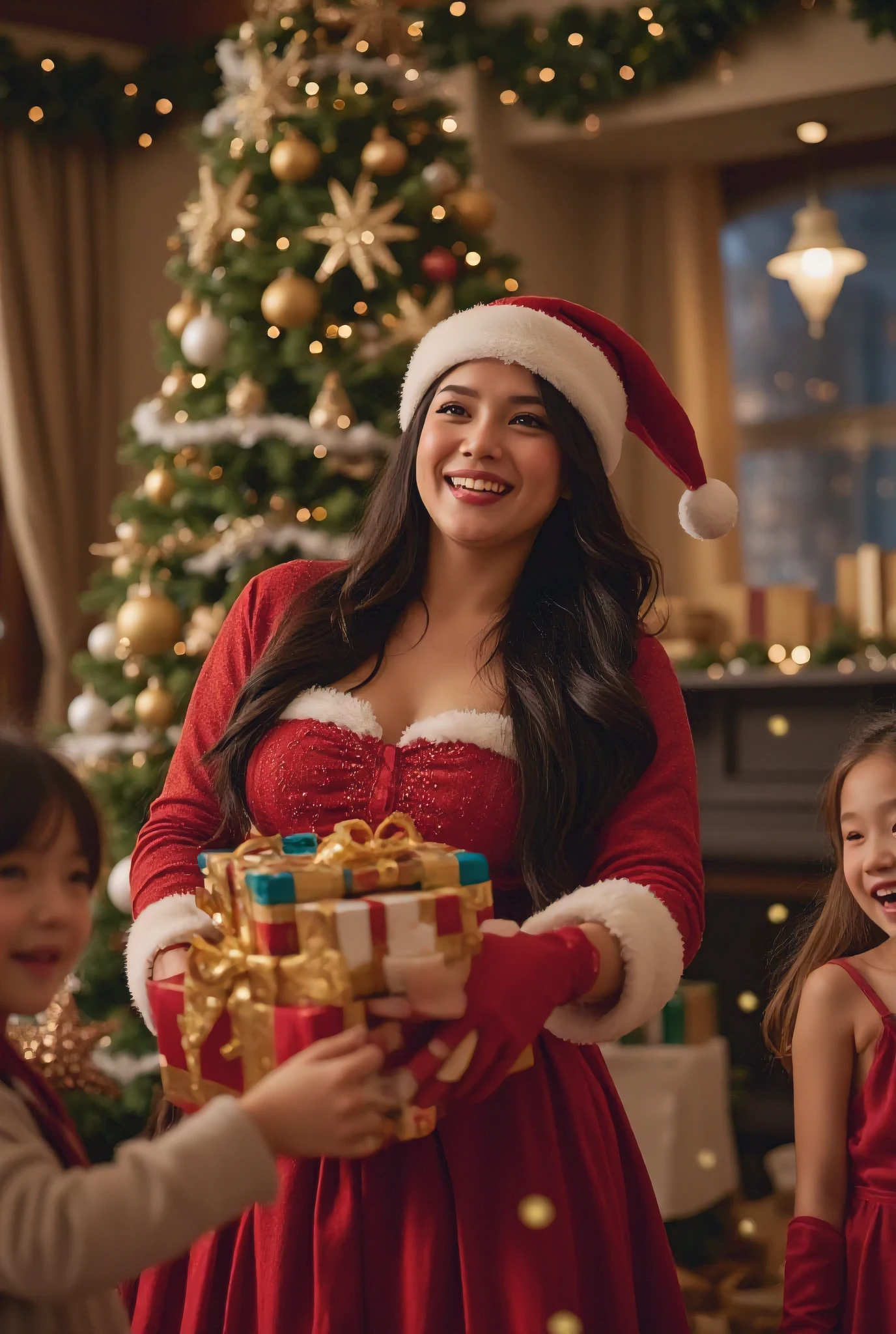 A joyful woman dressed in a red and white Santa outfit handing out gifts to excited ren at a festive Christmas celebration. She has long, flowing dark hair and a radiant smile. She holds several wrapped presents in vibrant colors with golden ribbons. The ren around her are laughing and reaching for the gifts, their faces filled with excitement and happiness. Her Santa dress is detailed with white fur trim, and she wears red gloves. The background features a large, decorated Christmas tree adorned with ornaments, golden stars, and twinkling lights. The indoor setting is filled with festive decorations like garlands, hanging stars, and snowflake ornaments. Snow-like confetti is gently falling around the group. The lighting is warm, soft, and diffused, creating a cozy and festive atmosphere. The lights from the Christmas tree add a gentle glow to the scene. The style is photorealistic, ultra-detailed, vibrant, and dynamic, focusing on capturing the joy and warmth of the holiday spirit. The mood is festive, heartwarming, and full of cheer, exuding the magic of Christmas and community joy. The camera angle is a medium shot, slightly low, emphasizing the woman's presence and the ren's reactions. Ultra-high definition (UHD), 8K resolution with rich, sharp details and smooth gradients. Realistic textures of clothing, gift wrapping, and tree ornaments with vivid expressions of joy. 