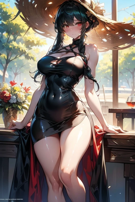 ((greatest masterpiece, ultimate quality, ultra-detailed, movie lighting, perfectly sensual)), super fine illustration, an extremely delicate and beautiful, 8K, 16K, 1girl, solo, Yor Forger\(Spy x Family\), moss green hair, long hair, braided updo, red eyes, white headband, large breasts, cleavage, wide hips, thick thighs, hourglass figure, well-proportioned female body, anatomically perfect body, detailed beautiful face, dangerously mature charm, too much sex appeal, an oozing motherhood, an erotic body that makes you want to devour it, bashful smile, blushing, red cheeks, stylish outfit, casual fashion, summer attire, straw hat, sheer lightweight cardigan, camisole, hot pants, sandals, alluring posing, summery background,yor