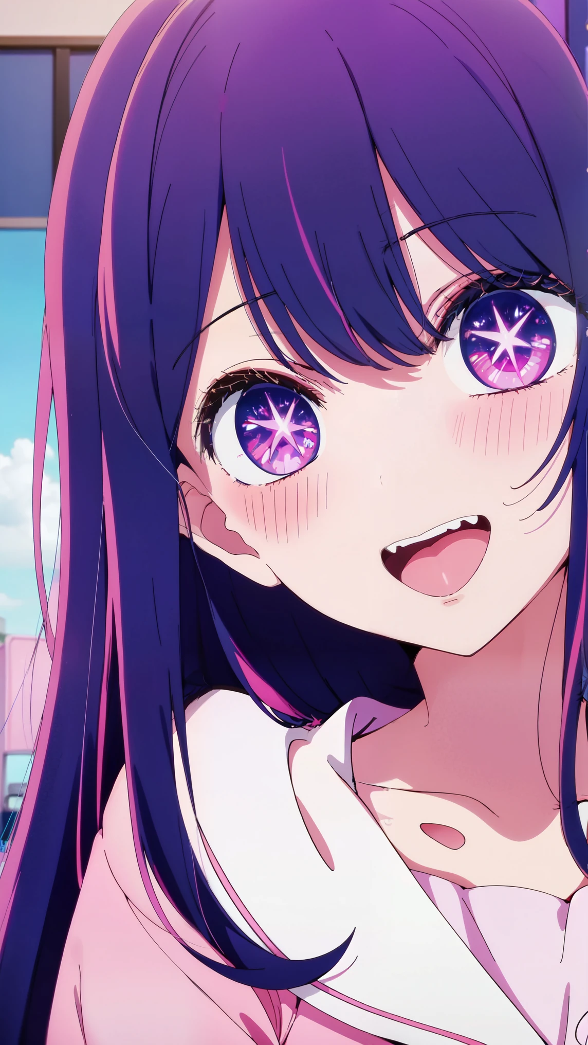長い髪と紫の目をしたanime girl, A painting inspired by Puru, tumbler, conceptual art, anime best girls, anime moe art style, Another close-up of Iwakura, Anime visuals of cute girls, ルーシーという名前のanime girl, iwakura lain, Still from the TV anime, anime stills, (anime girl)、(((beach)))、laughter、open your mouth、Ai Hoshino、(((bikini)))