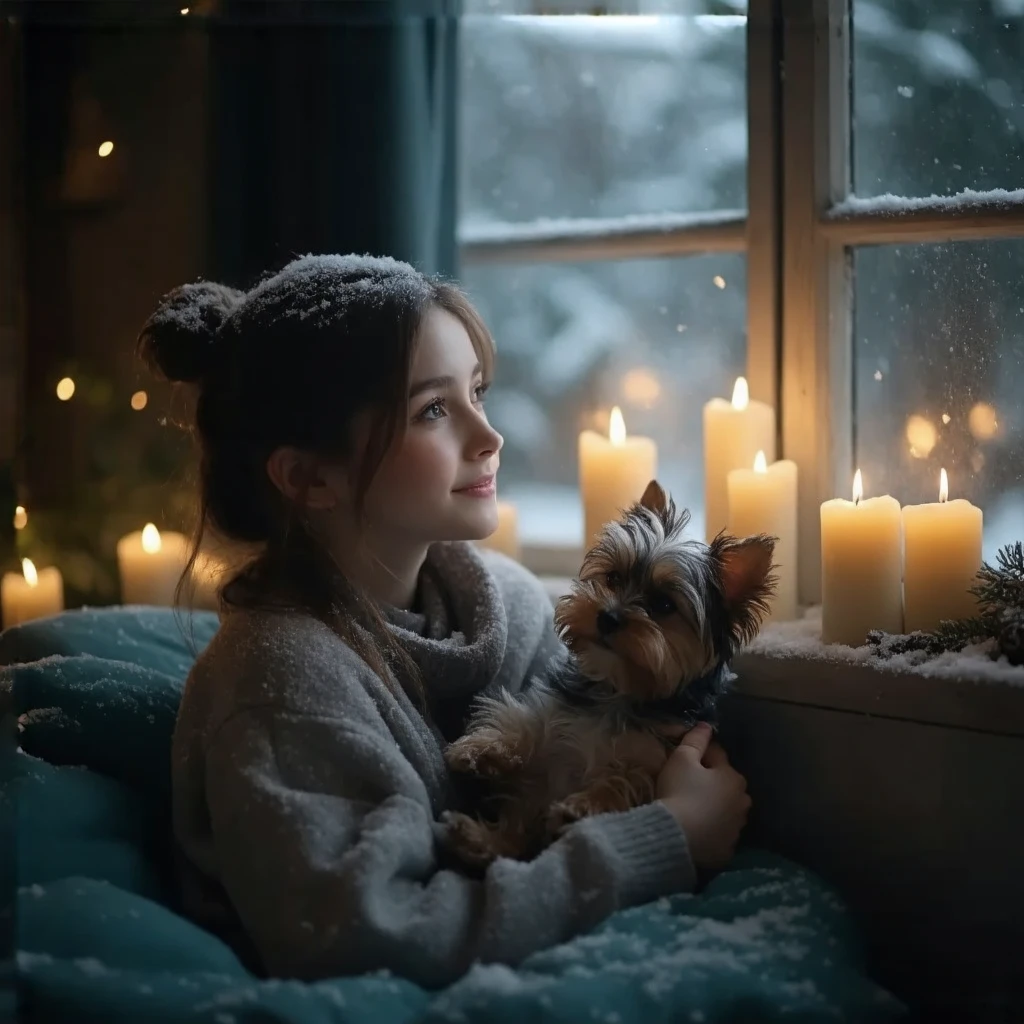 side view portrait of a young teen girl besides window, looking upwards at snow falling outside, snowy winter night, with a lovely Yorkie puppy in her arm, hope for a new start, in background of candle-lighted dark bedroom, photorealisic 8k