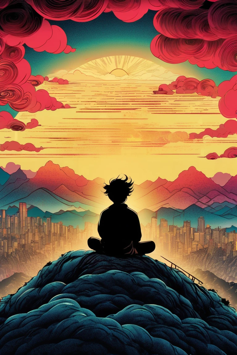   a poster of a man with his back sitting on his back on the top of a mountain meditating in natural, with black hair and a basic, wavy black t-shirt and in the background a distant city with some tall and faint buildings. beautiful  movie poster ,  Key art of the film ,  movie poster without text ,  movie poster ,  movie poster , movie poster style ,  film grain,  concept art of the film , ,  cinematic wallpaper 4k ,  cinematic wallpaper 4k , filmic,  cinematic atmosphere , , film records, vibrant acid colors and Magenda,  inspired by graphic novel ,  Detailed comic art ,, in the style of Japanese woodcuts mixed with realism realism ,  luminous and dreamlike scenes 