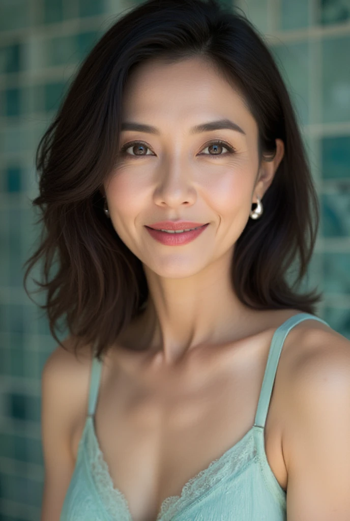 Mature Woman,  Japanese, 48 years old (Mature Beauty: 1.5),  gentle and seductive smile ,( fine lines of laughter :1.4),
Natural Aging 、A warm look, (wavy hair:1.3),
 Soft, Natural Wrinkles 、 in the company reception room (1.4),
 sharp focus ,  high res,  super detail (1.4),
 unrivaled beauty , (Eye Makeup:1.3), (lipstick:1.2), ( eyeshadow), ( mascara),
 slim and gentle curves ,  elegant and elegant posture ,
Realistic,  realistic  (1.4), masterpiece,  top quality ,  depth of field ,  physically-based rendering,  Fascinating Atmosphere 。　　　　　　　　　　　　　　　　　　　　　　　　　　　　　　　　　　　Color and design:  A bra made of light silk material in fresh mint blue。

background:  poolside tile pattern 、 create a cool vibe under the summer sun 。
 pose: Turn your face slightly to the side 、Have a calm look。