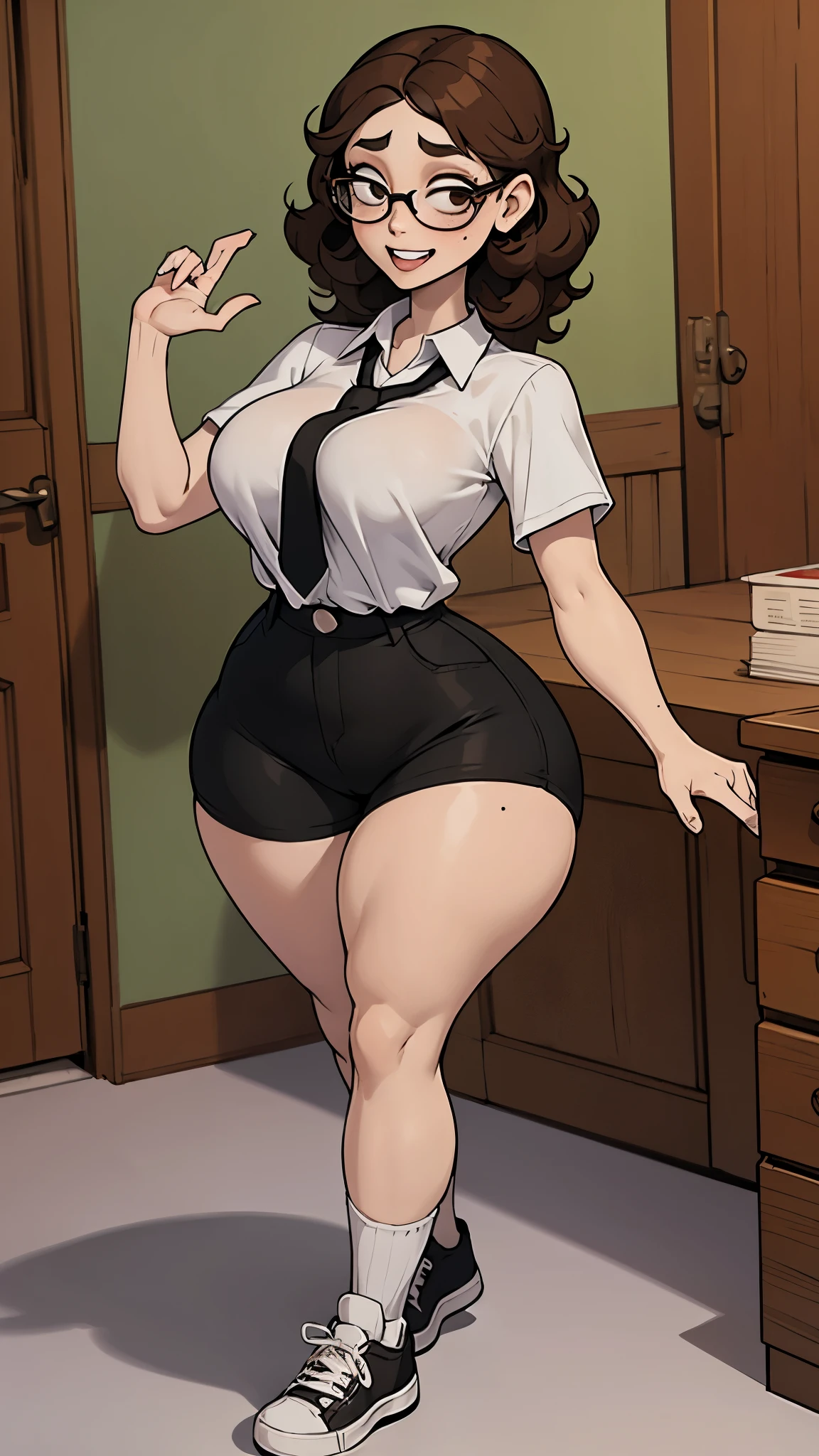 nerdy girl, Pale Skin with Freckles,curly brown hair, Nerd large lenses , large front teeth , wide hips , thick thighs , Short sleeve blouse, tie, loose fit brown formal shorts, white high socks, black shoes