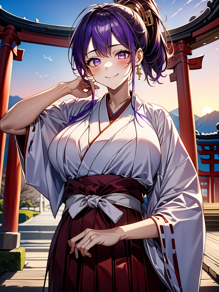 best quality, masterpiece, highres, solo, {white kimono:1.35}, {red hakama:1.35}, {wide sleeves:1.20}, {raiden_shogun_genshin:1.15}, long_hair, purple_hair, bangs, purple_eyes, mole_under_eye, mole, breasts, hair_ornament, large_breasts, flower, braid, cleavage, hair_flower, blush, very_long_hair