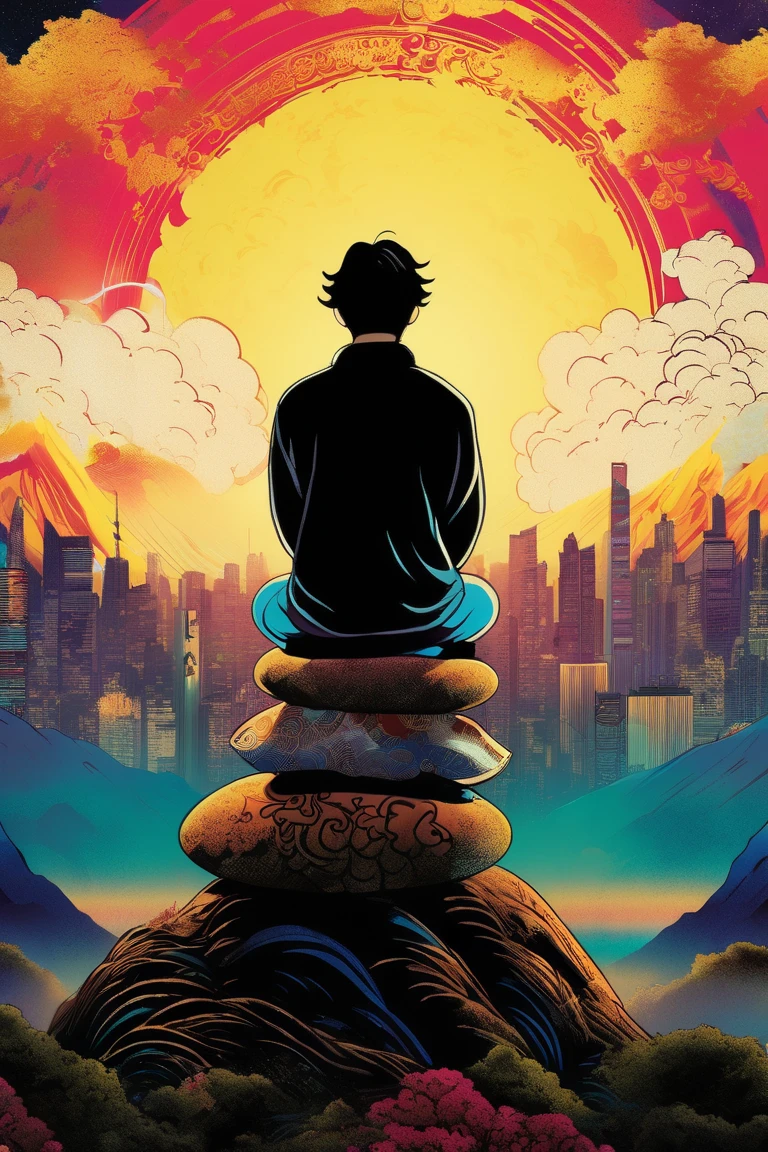  a poster of an enlightened 35-year-old man with his back sitting on his back on the top of a mountain meditating in natural, with black hair and a basic, wavy black t-shirt and in the background a distant city with some tall and faint buildings. beautiful  movie poster ,  Key art of the film ,  movie poster without text ,  movie poster ,  movie poster , movie poster style ,  film grain,  concept art of the film , ,  cinematic wallpaper 4k ,  cinematic wallpaper 4k , filmic,  cinematic atmosphere , , film records, vibrant acid colors and Magenda,  inspired by graphic novel ,  Detailed comic art ,, in the style of Japanese woodcuts mixed with realism realism ,  luminous and dreamlike scenes 