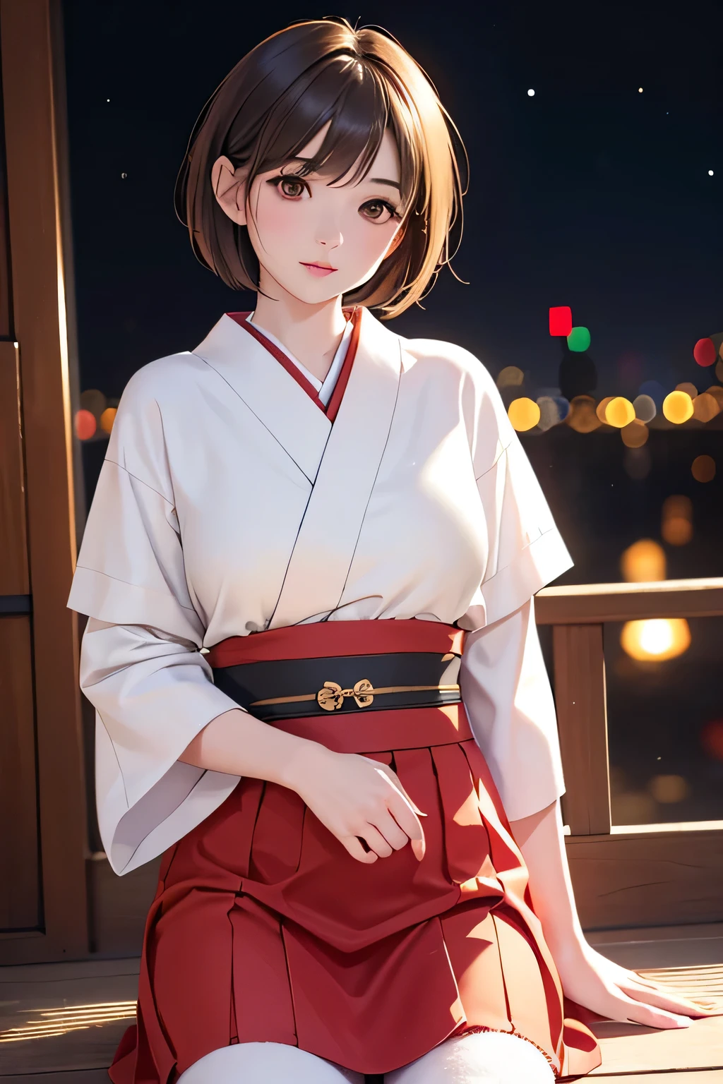  top quality ,  face focus,  soft light,  super high res, ( photo realistic:1.4),  RAW photos ,  1 Japanese Girl , solo, cute, ( shy smile :0.5), ( brown eyes,  light in the eyes ),  detailed and beautiful face , ( human skin texture near female genitals), ( short bob hair), night, night空,  Santa Claus clothes,   skirt