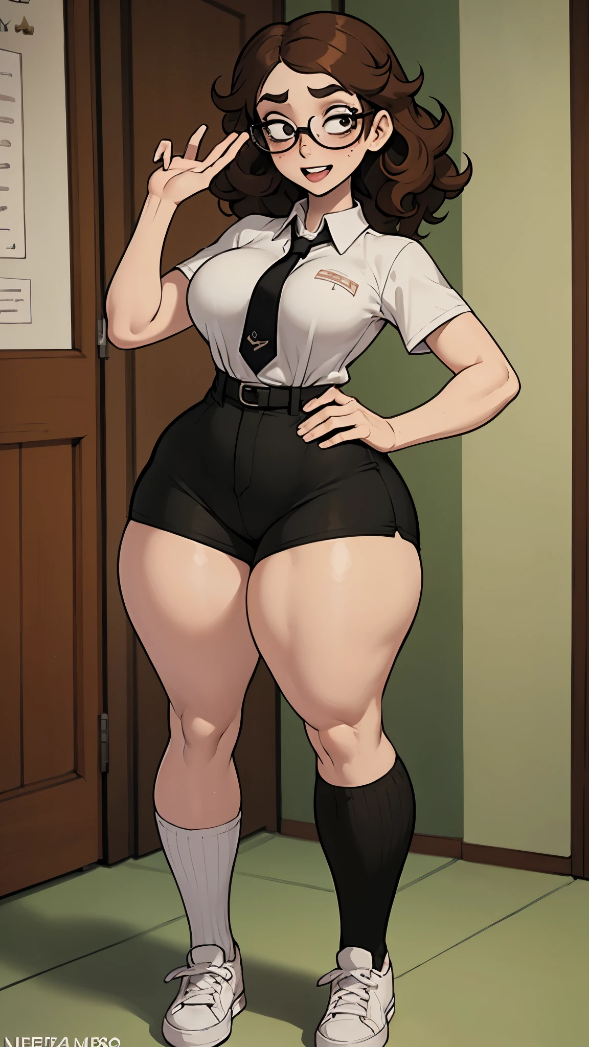 nerdy girl, Pale Skin with Freckles,curly brown hair, Nerd large lenses , large front teeth , wide hips , thick thighs , Short sleeve blouse, tie, loose fit brown formal shorts, white high socks, black shoes, shy nerdy pose