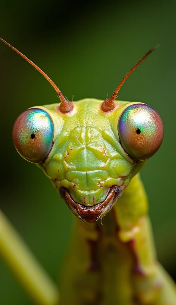 An extreme close-up, macro shot of the head of a vibrant praying mantis, showcasing its intricate details and alien-like features. The mantis's large, multifaceted eyes dominate the composition, their iridescent surfaces reflecting a spectrum of colors under soft, diffused lighting. The delicate, finely textured exoskeleton of its head is rendered in vivid clarity, with its natural green tones blending into subtle shades of yellow and brown.

The mantis’s triangular face is centered in the frame, with its thin, segmented antennae extending upward and slightly curved. The fine hairs on the edges of its head and around its mandibles are sharply focused, adding to the tactile realism of the image. The background is softly blurred, in shades of muted greens and browns, emulating its natural habitat while keeping the viewer’s attention solely on the mantis's fascinating head structure.

The shot is captured using a Canon EOS R5 camera paired with a Canon RF 100mm f/2.8L Macro IS USM lens, ensuring hyper-realistic detail and clarity. 8K resolution with HDR processing brings out the fine textures and color gradients. Advanced lighting techniques, such as ring lighting, illuminate the mantis evenly, while shallow depth of field isolates the subject for a dramatic and engaging visual. The image evokes wonder at the complexity of nature’s design, showcasing the mantis as a creature both beautiful and otherworldly.