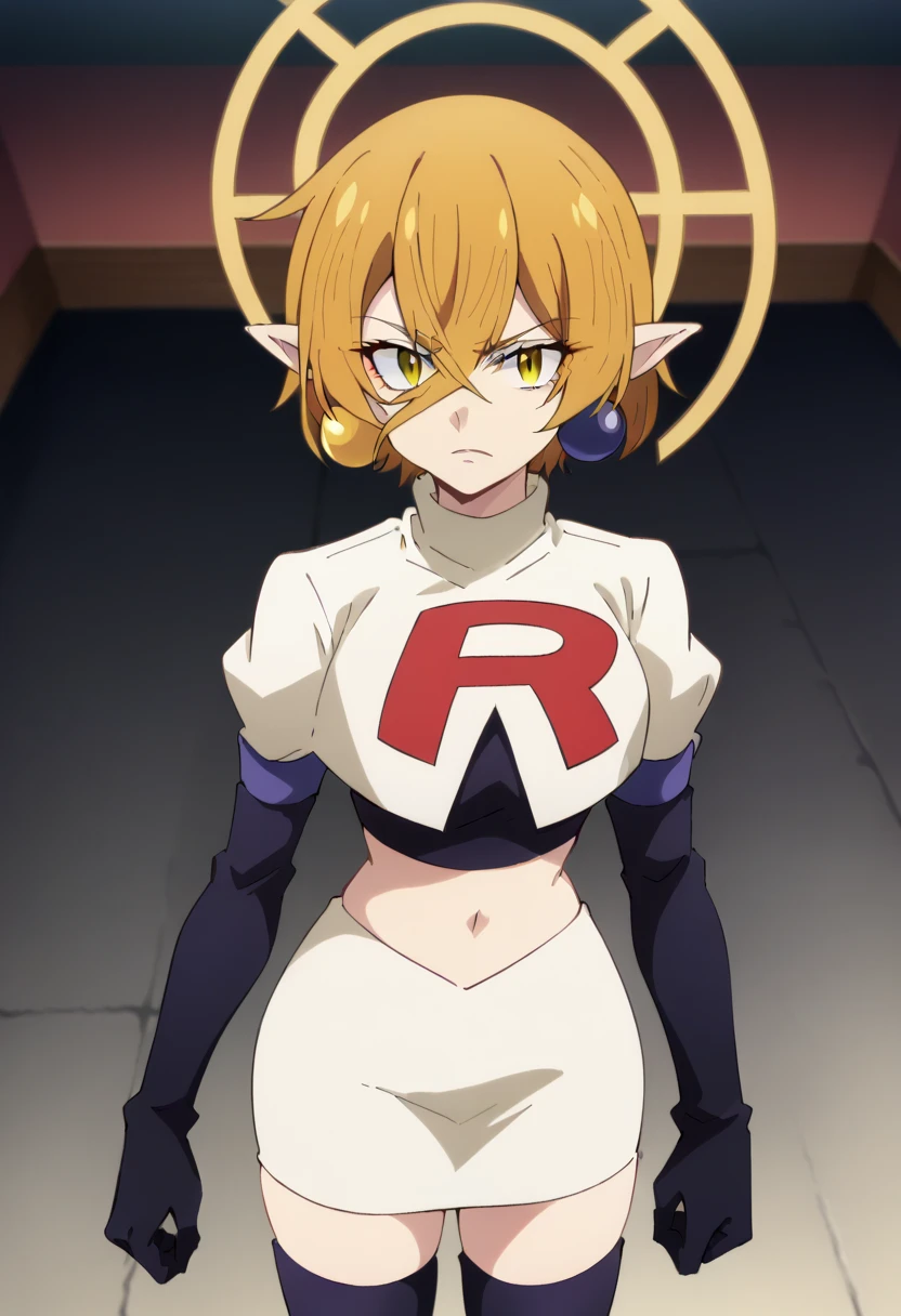 hiya, pointy ears, 1girl, earrings, jewelry, blonde hair, solo, hair between eyes, short hair, halo, yellow eyes , looking at viewer, score_9, score_8_up, score_7_up, , anime coloring ,BREAK source_anime, anime, team rocket,team rocket uniform,white skirt,red letter R,crop top,black thigh-highs,black elbow gloves