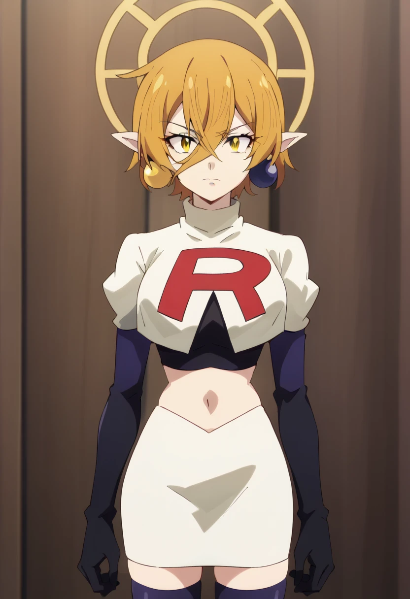 hiya, pointy ears, 1girl, earrings, jewelry, blonde hair, solo, hair between eyes, short hair, halo, yellow eyes , looking at viewer, score_9, score_8_up, score_7_up, , anime coloring ,BREAK source_anime, anime, team rocket,team rocket uniform,white skirt,red letter R,crop top,black thigh-highs,black elbow gloves