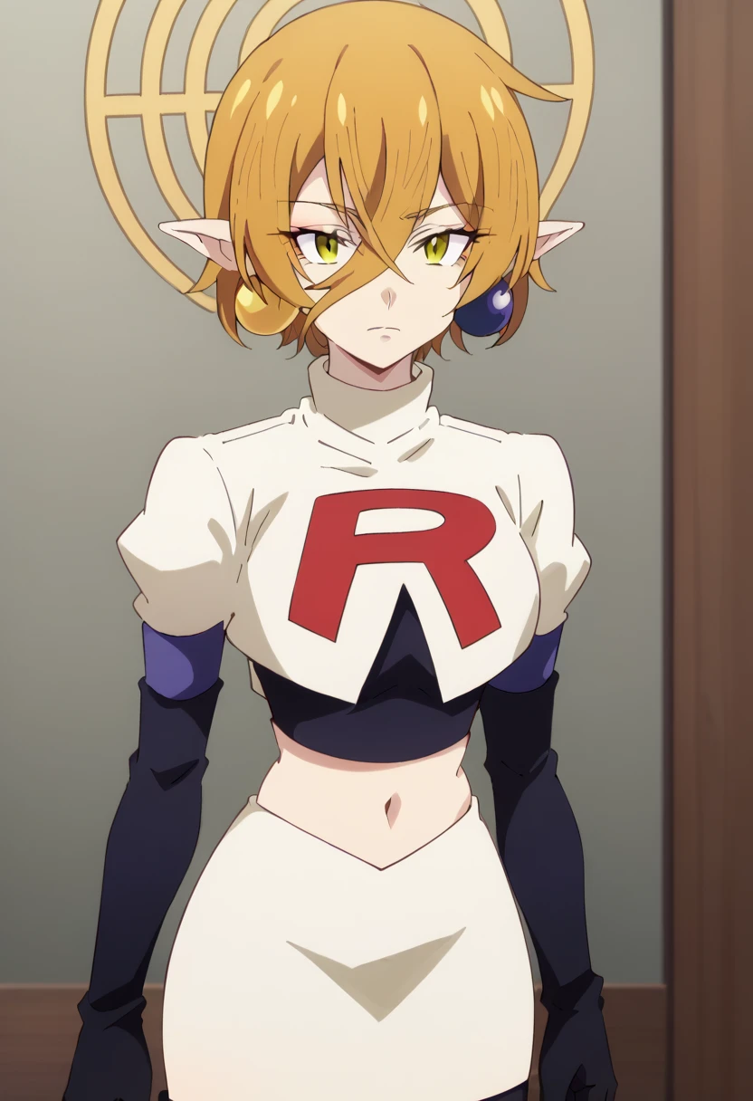 hiya, pointy ears, 1girl, earrings, jewelry, blonde hair, solo, hair between eyes, short hair, halo, yellow eyes , looking at viewer, score_9, score_8_up, score_7_up, , anime coloring ,BREAK source_anime, anime, team rocket,team rocket uniform,white skirt,red letter R,crop top,black thigh-highs,black elbow gloves