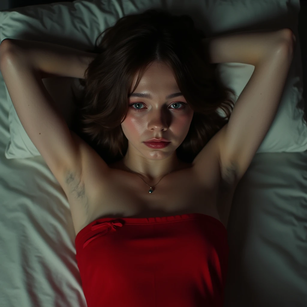 emmamyers, picture from above, lying limp on a bed on back, red strapless dress , drunk face, arms up