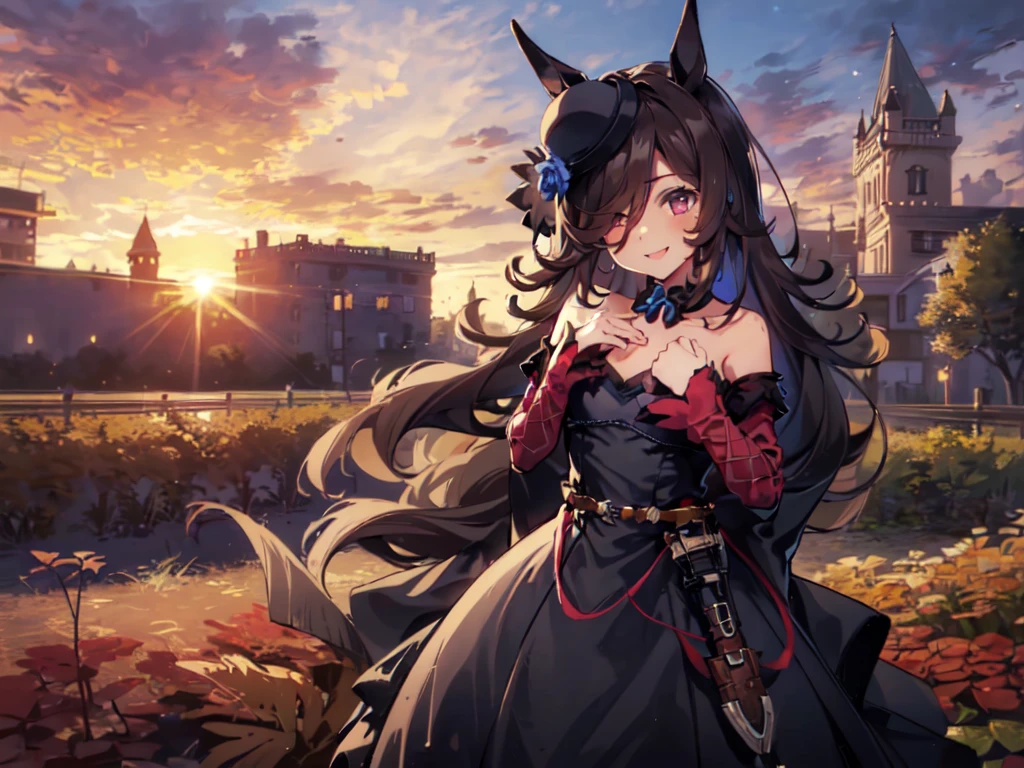 (Solo:2), (1 Female:2), (Durandal), (Short Fingers, Short Arms, Short Legs), (Horse Ears), (Flat Chest), (Smiling, Looking at Camera), (Red Castle Garden), (Sunset), (Focus on Chest), (Carefully Drawn, Amazing Artwork, Top Quality, High Resolution, 8K, Detailed, Delicate),