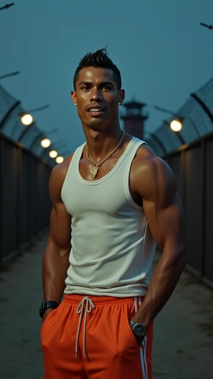 A black teenager, character, very tall, muscular, with short hair, brown eyes, he has disproportionately large and scarred arms. He has a green mark in the middle of his face in the shape of an X. He wears a white tank top, blue jeans, dark sneakers and a silver necklace. --auto --s2