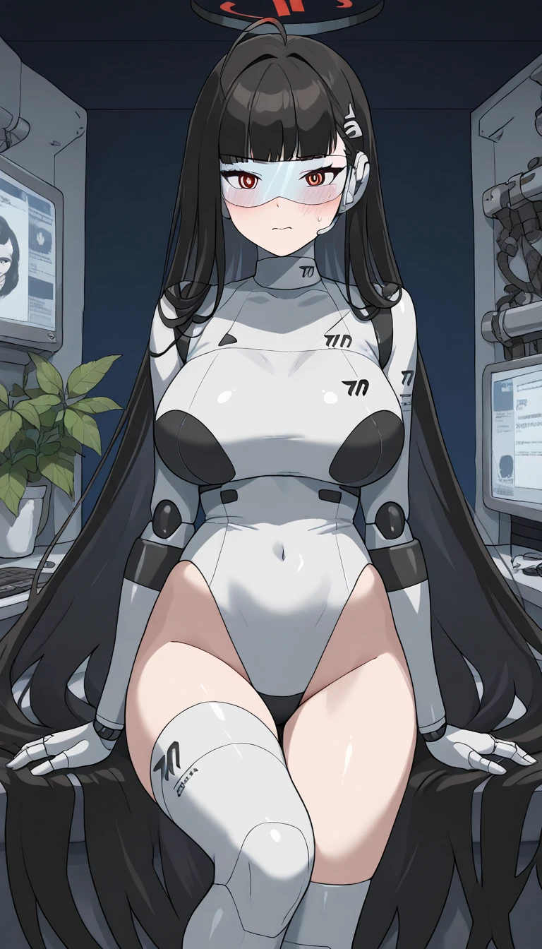 masterpiece, best quality, extremely detailed, (8K, 4K, Best Quality, hight resolution, 超A high resolution:1.1), ,8k portrait, Japaese android Girl,Plump , dark black leg cover,announcer,control panels,android,Droid,Mechanical Hand, Robot arms and legs, Black Robot Parts,Black long hair,Mechanical body,Blunt bangs,perfect mechanical abdomen,White robotics parts,perfect robot woman,future laboratory,cyber pank,charging spot,laboratory,long tube,thick cable connected her neck,white ceramic body ,perfect mechanical body, white robot body,lod antenna,mechanical ear cover,android,robot humanoid,black sponge joints,The removable cover is in the groin,The connection port is in the groin,opened chest panel,access panel on the chest,opened breast panel,perfect mechanical breast,perfect black machine body,perfect black android body,She has repaired,assembly plant,no human skin,visor,mistyrobot,rio(blue archive),dress,embarrassed,blush,spread leg