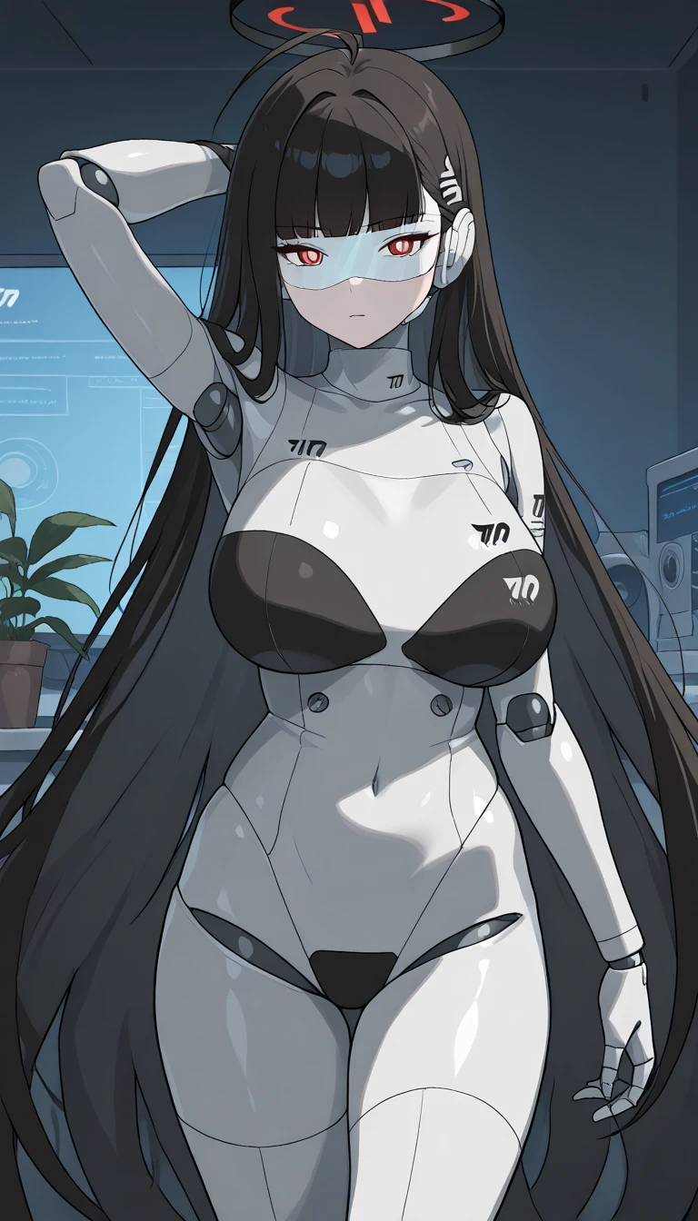 masterpiece, best quality, extremely detailed, (8K, 4K, Best Quality, hight resolution, 超A high resolution:1.1), ,8k portrait, Japaese android Girl,Plump , dark black leg cover,announcer,control panels,android,Droid,Mechanical Hand, Robot arms and legs, Black Robot Parts,Black long hair,Mechanical body,Blunt bangs,perfect mechanical abdomen,White robotics parts,perfect robot woman,future laboratory,cyber pank,charging spot,laboratory,long tube,thick cable connected her neck,white ceramic body ,perfect mechanical body, white robot body,lod antenna,mechanical ear cover,android,robot humanoid,black sponge joints,The removable cover is in the groin,The connection port is in the groin,opened chest panel,access panel on the chest,opened breast panel,perfect mechanical breast,perfect black machine body,perfect black android body,She has repaired,assembly plant,no human skin,visor,mistyrobot,rio(blue archive),dress,spread armpit