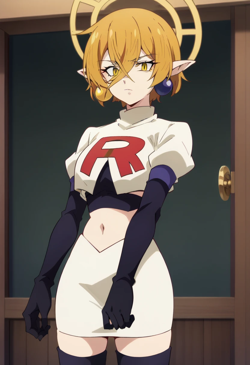 hiya, pointy ears, 1girl, earrings, jewelry, blonde hair, solo, hair between eyes, short hair, halo, yellow eyes , looking at viewer, score_9, score_8_up, score_7_up, , anime coloring ,BREAK source_anime, anime, team rocket,team rocket uniform,white skirt,red letter R,crop top,black thigh-highs,black elbow gloves