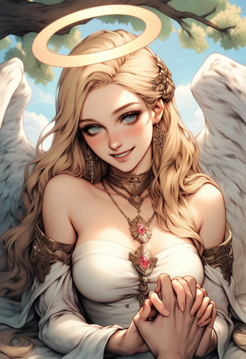 (best quality,4k,8k,highres,masterpiece:1.2),ultra-detailed,(realistic,photorealistic,photo-realistic:1.37),beautiful detailed eyes,beautiful detailed lips,extremely detailed eyes and face,long eyelashes,blonde goddess,elf ears,many wings,gold and white outfit,luminous golden hair,personality and stunning beauty,elegant and graceful posture,enchanted garden background,soft and ethereal lighting,mythical aura,fantasy art,portrait,Magical color scheme