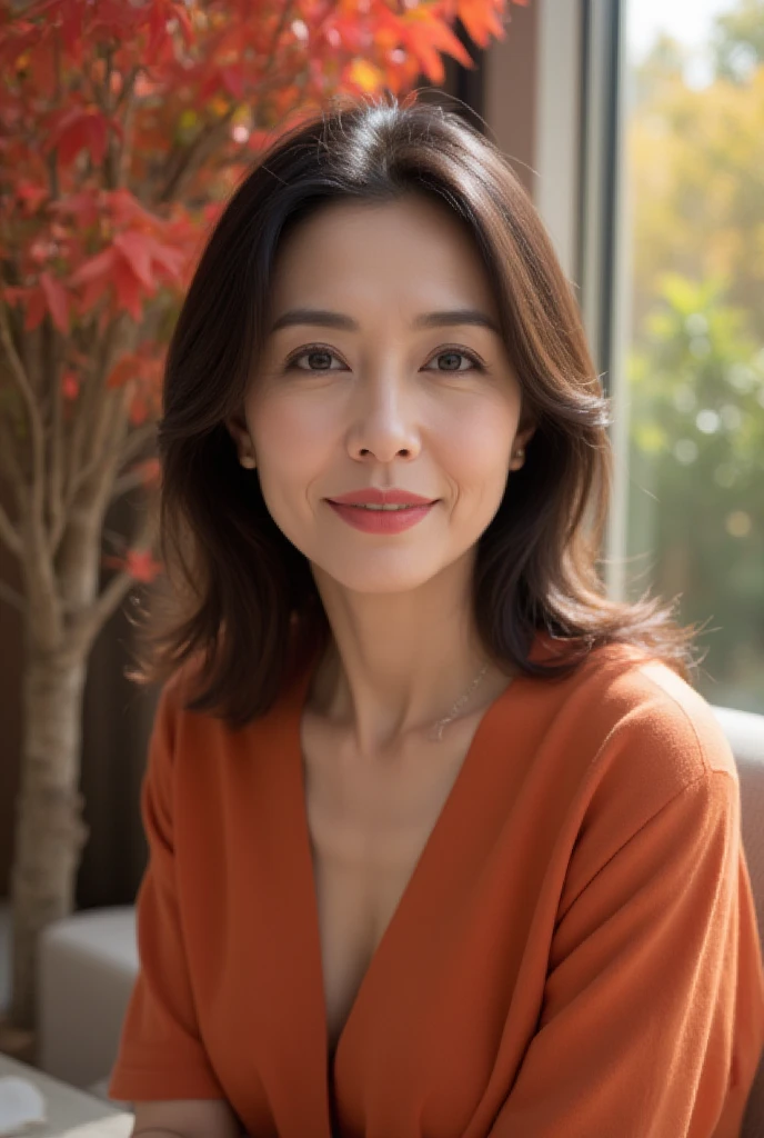 Mature Woman,  Japanese, 48 years old (Mature Beauty: 1.5),  gentle and seductive smile ,( fine lines of laughter :1.4), Natural Aging 、A warm look, (wavy hair:1.3),  Soft, Natural Wrinkles 、 in the company reception room (1.4),  sharp focus ,  high res,  super detail (1.4),  unrivaled beauty , (Eye Makeup:1.3), (lipstick:1.2), ( eyeshadow), ( mascara),  slim and gentle curves ,  elegant and elegant posture , Realistic,  realistic  (1.4), masterpiece,  top quality ,  depth of field ,  physically-based rendering,  Fascinating Atmosphere 。　　　　　　　　　　　　　　　　　　　　　　　　　　　　　　　　　　　Color and design:  Calm terracotta orange 。 The combination of lace and satin makes you feel warm。

background:  a tree with red leaves 々Under、 A calm atmosphere where the autumn breeze blows through 。
 pose: Lightly fold your hands 、 show a relaxed smile 。