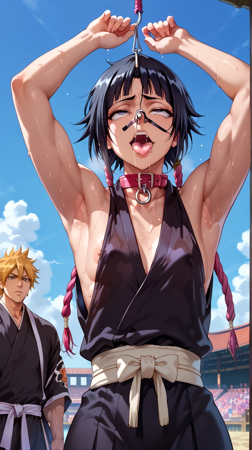 a picture, inspired by Kentaro Miura, trending on pixiv, soifon from bleach, black uniform, favorite scene, fine details, skins, sweating, small breasts, both hands raised, armpits, (small head),armpits visible, dripping with sweat, more more sweat, ((Japanese clothes)),open mouth,rolling eyes,muscle,kneel down,open legs,For the audience, (muscle:1.2),Looking at the audience, tired, (small breasts),sexy body,perfect body,(drooling), tears, head wet, runny nose, black hair, (dog collar) ,transparent nose hook, tentacle in mouth. 