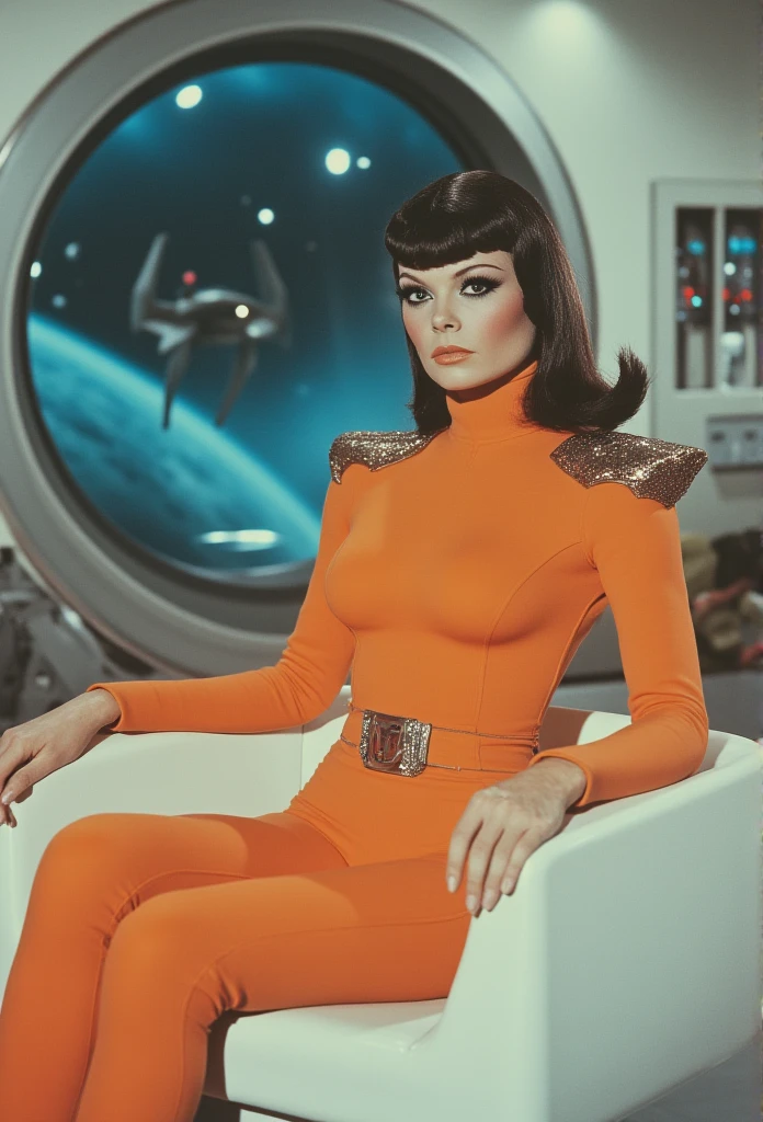 ArsMoviestill ,   Frame from a science fiction film in technicolor from the 70s  ,  The image is a frame from a television series or movie  . It shows a woman  session on a big white chair in a futuristic space station.  He wears an orange suit with large shoulder pads .  } He has tall black hair and look directly at the camera with a serious expression.  behind it a huge circular window through which you can see space and the stars .  The background shows a spaceship with a combination of colors blue and white  .   The general atmosphere of the image is serious and futuristic  .,  black hair,  session, body, [blurred,  Looking at the spectator,  realistic , breasts,  his hands on the armrests of the chair  ,  solo focus , make-up