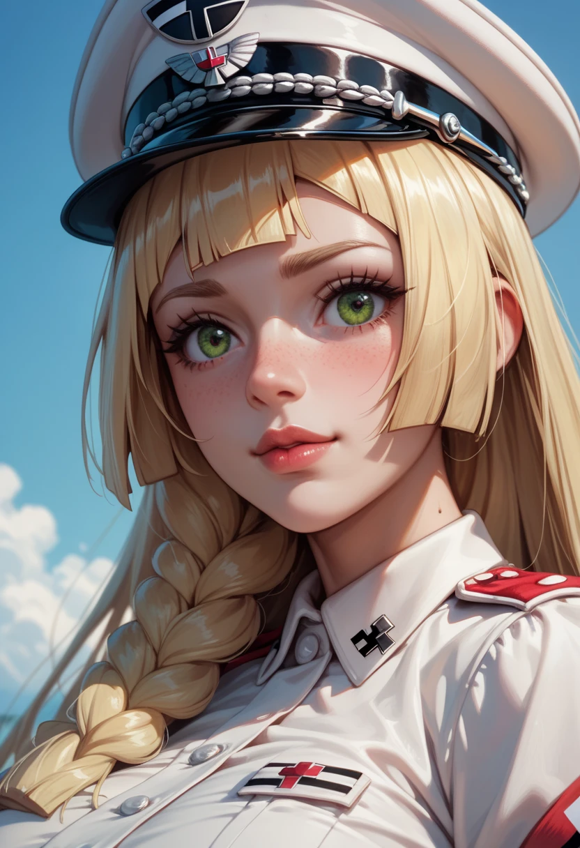 A masterpiece ， Peerless cute girl ， largeeyes ， Delicately portraying the eye ， golden hair ， voluminous and messy hair ， Delicately portrayed hair ，anime big breast，teens girl，rays of sunshine， a sense of atmosphere ，Halo， Delicately portrayed blush ，4k画质，1080p，adolable， Delicate ruby red eyes ， White Soviet Navy uniform ， White Soviet Navy cap  , Behind him, the Soviet flag fluttered，best qualtiy，Highest image quality，A high resolution，perfect facial features，High- sharpness，illustratio, Best quality, highest picture quality, high resolution, perfect facial features, high-definition,illustration