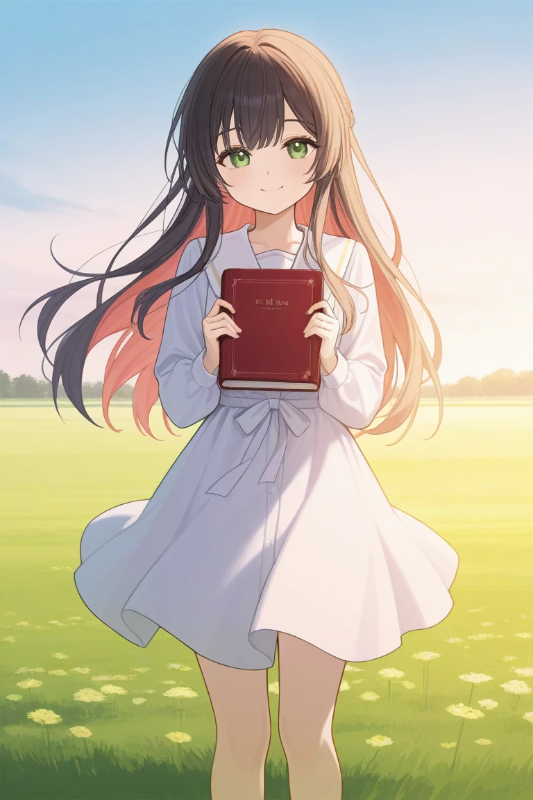 
A girl with long hair and green eyes, smile. Standing on a field. Her face hiden by book