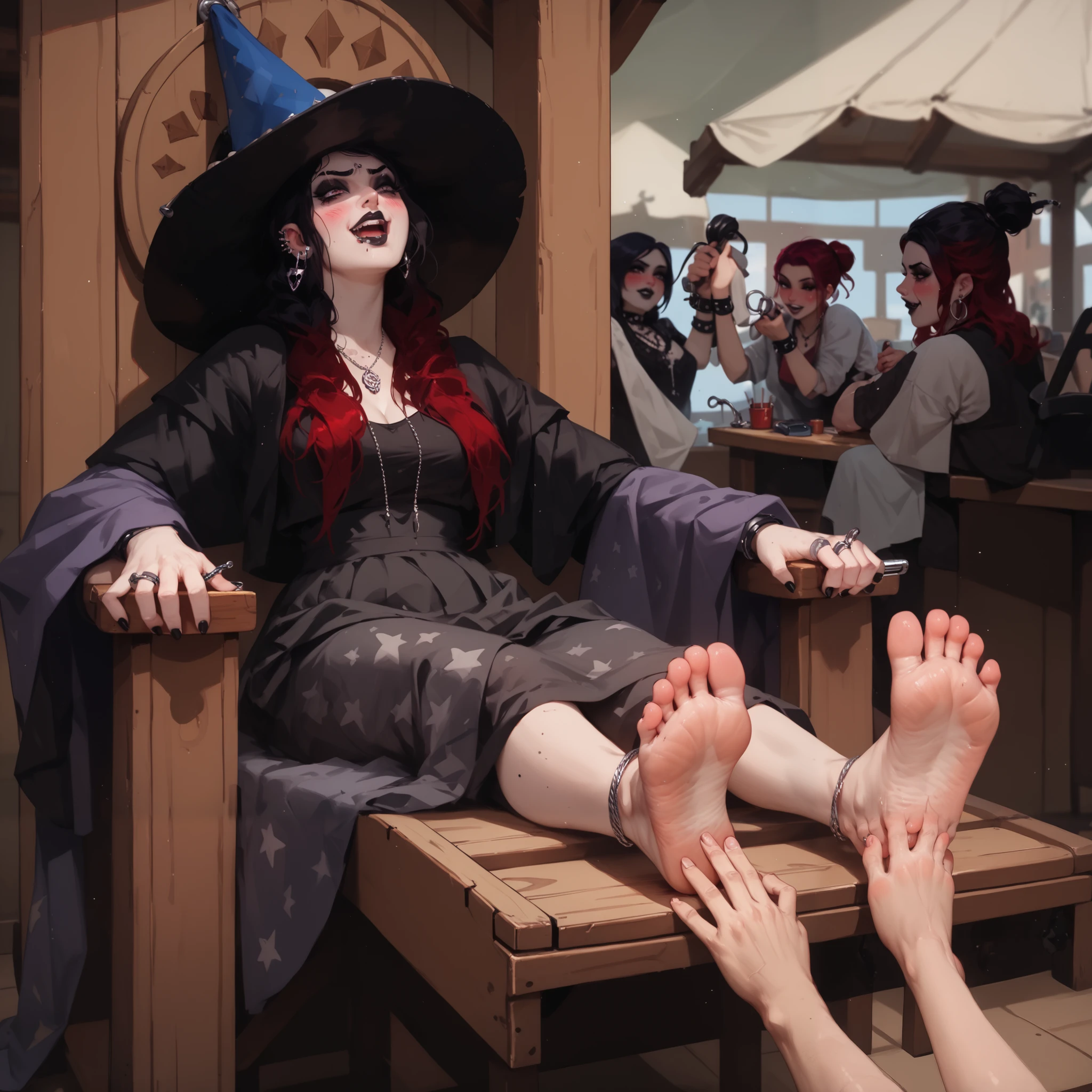 Woman seated inside wooden stockade, ankles bound, barefoot, having her soles itched by hands, (goth woman hands), (the goth woman is holding metal ticklers), laughter, blushing, scratching the girls soles