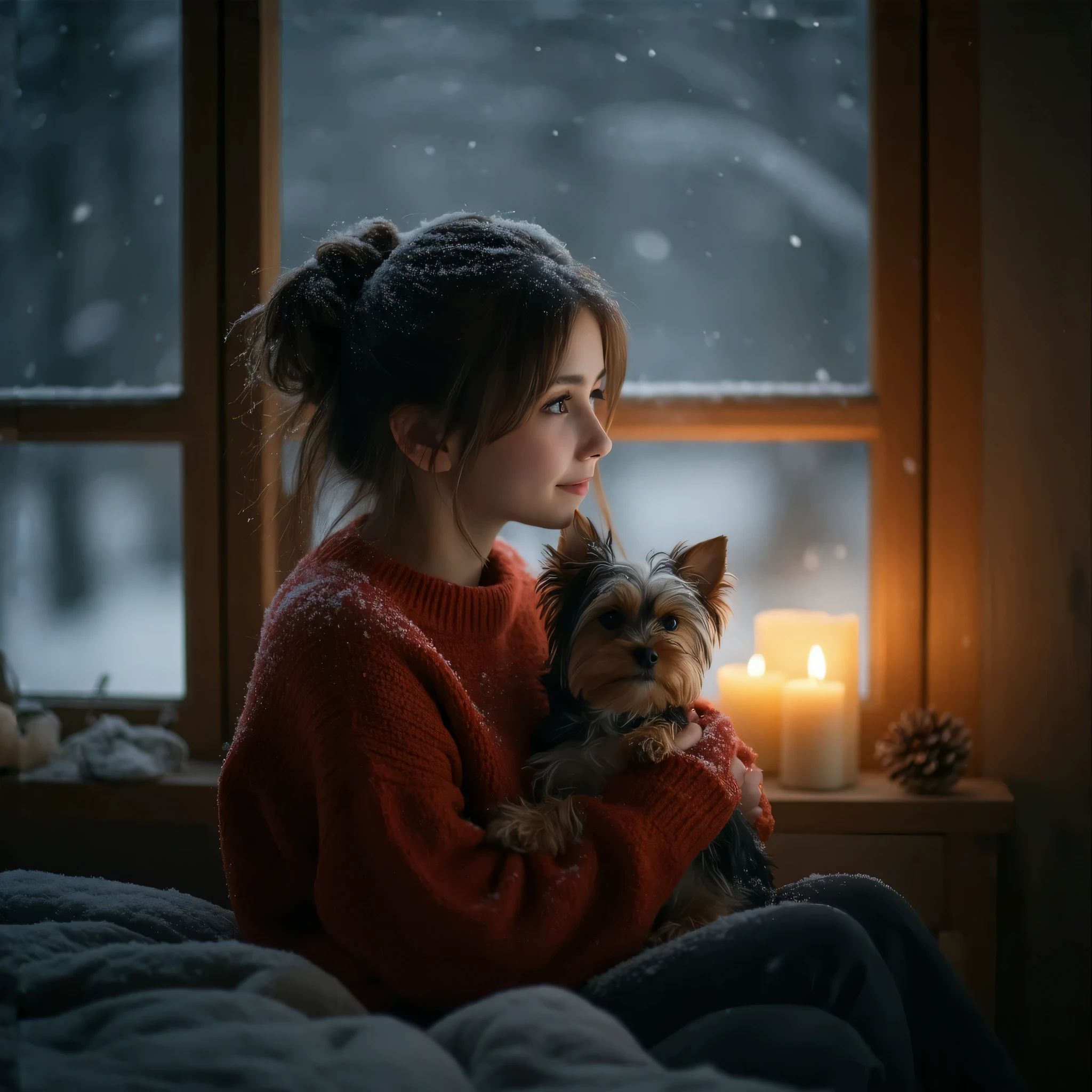 side view portrait of a  girl sit besides window, wearing red woven sweater, looking upwards at snow falling outside, snowy winter night, with a lovely Yorkie puppy in her arm, hope for a new start, in background of candle-lighted dark bedroom, photorealisic 8k